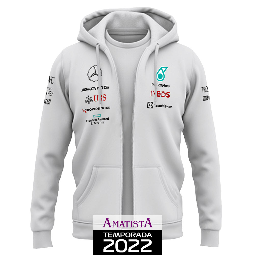 Polerón Mercedes 2022 - Blanco (Con cierre y gorro)